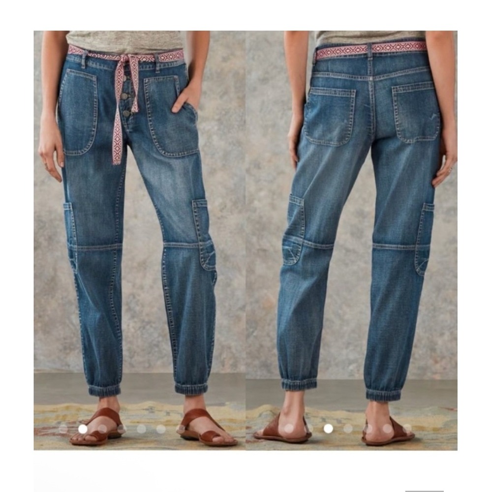 Sundance Juliennne Women Blue Denim Cargo Jogger Pants Lightweight Tie Belt 10